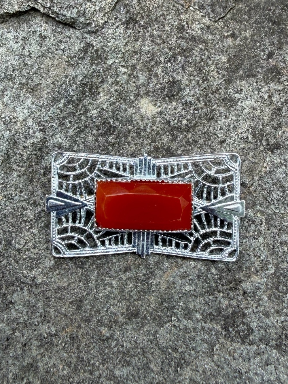 Vintage Estate Silver Art Deco Carnelian Brooch